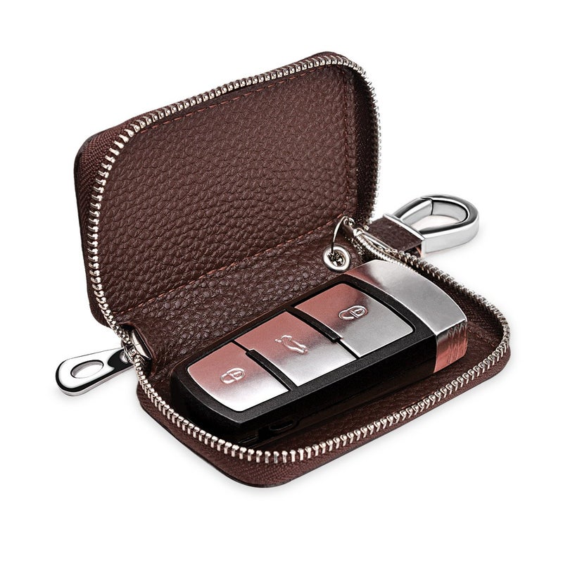Buffway Car Key Holder,Genuine Leather Car Keychain Coin Case Metal Hook and Keyring Wallet Zipper Case for Auto Remote Key Fob - Coffee - Image 2